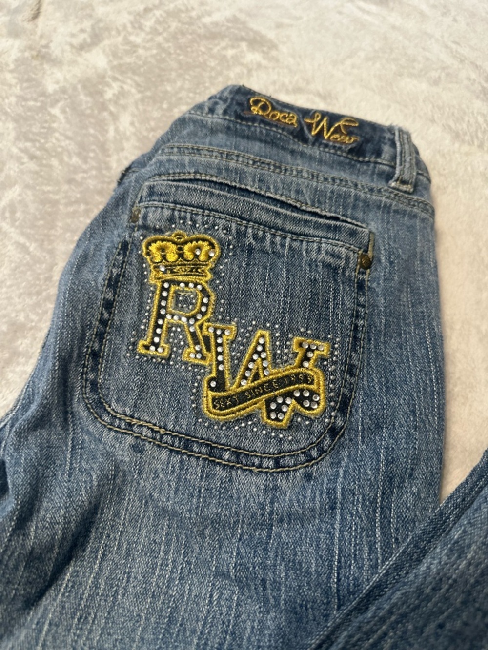 RocaWear vintage Blue Denim Jeans with Yellow Embroidered Back Pocket